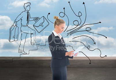 Composite image of businesswoman holding new tablet