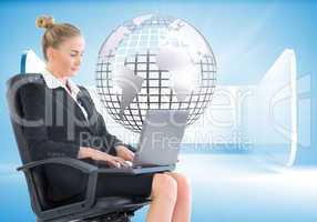 Composite image of businesswoman sitting on swivel chair with la