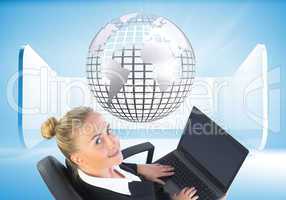 Composite image of businesswoman sitting on swivel chair with la