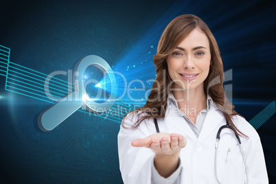 Composite image of portrait of female nurse holding out open pal