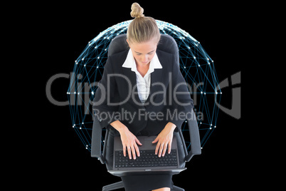 Composite image of businesswoman sitting on swivel chair with la