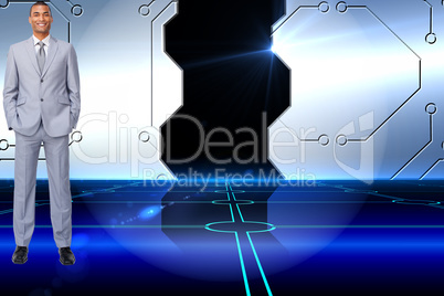 Composite image of attractive businessman with hands in pockets