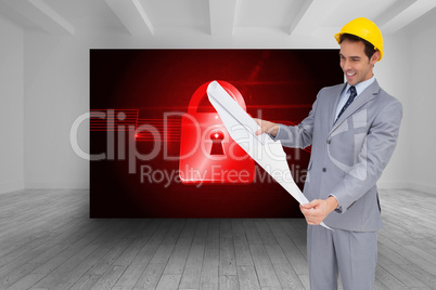 Composite image of smiling architect with hard hat looking at pl