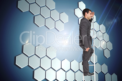 Composite image of happy businessman standing on ladder