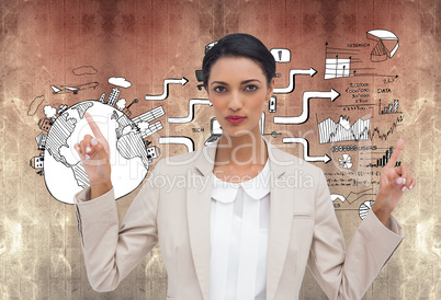 Composite image of serious businesswoman with hands up