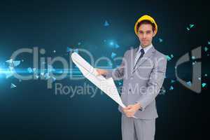 Composite image of serious architect with hard hat holding plans