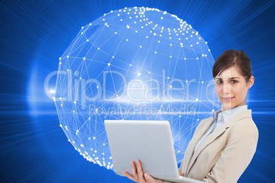 Composite image of confident young businesswoman with laptop