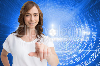 Composite image of attractive brunette pointing
