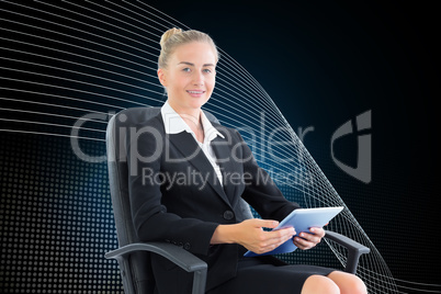 Composite image of businesswoman sitting on swivel chair with ta