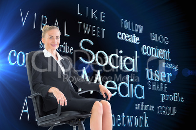 Composite image of businesswoman sitting on swivel chair in blac