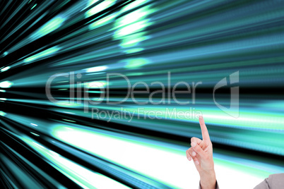 Composite image of young saleswoman operating touchscreen