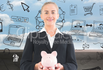 Composite image of businesswoman holding piggy bank