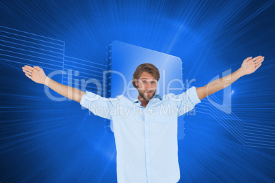 Composite image of handsome man raising hands