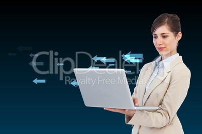 Composite image of confident businesswoman holding laptop Composite image of confident businesswoman holding laptop