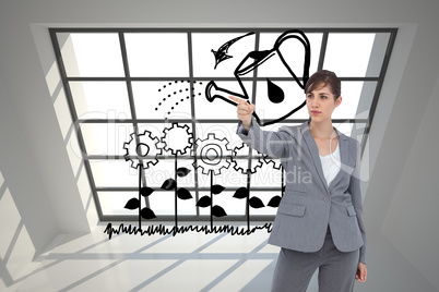 Composite image of young businesswoman pointing to something