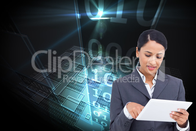 Composite image of close up of saleswoman with her touch screen