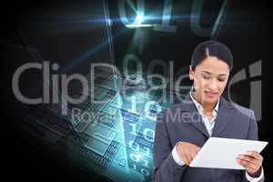 Composite image of close up of saleswoman with her touch screen