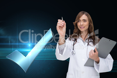 Composite image of smiling doctor pointing