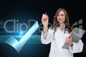 Composite image of smiling doctor pointing