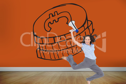 Composite image of cheerful classy businesswoman jumping while h