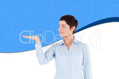 Composite image of businesswoman with an open hand to show a cop