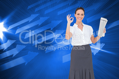 Composite image of stylish businesswoman making gesture while ho