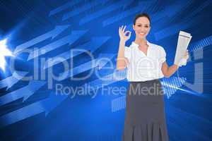 Composite image of stylish businesswoman making gesture while ho