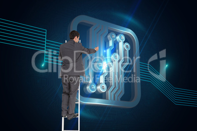 Composite image of businessman standing on ladder