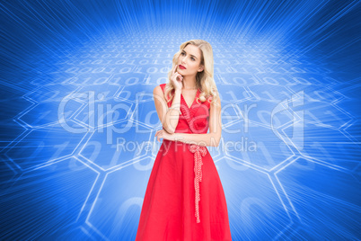 Composite image of thoughtful blonde wearing red dress