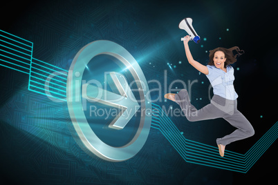 Composite image of cheerful classy businesswoman jumping while h