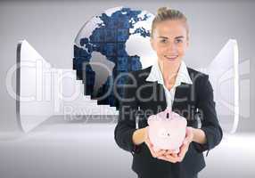 Composite image of businesswoman holding pink piggy bank