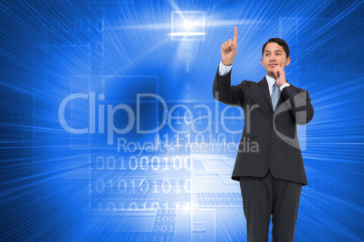 Composite image of thoughtful asian businessman pointing