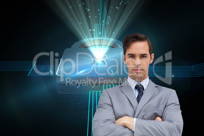 Composite image of young businessman looking at camera