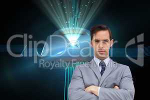 Composite image of young businessman looking at camera