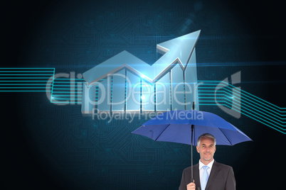 Composite image of businessman smiling at camera and holding blu