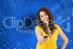 Composite image of smiling curly haired pretty woman changing ch