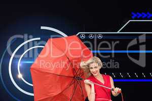 Composite image of smiling blonde holding umbrella