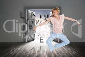 Composite image of woman jumping and opening arms