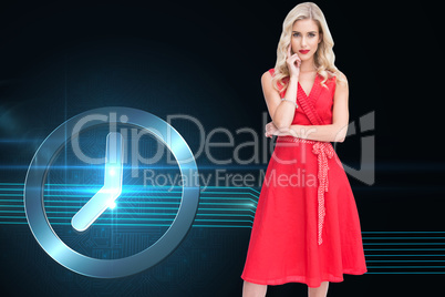 Composite image of thoughtful blonde wearing red dress