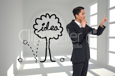 Composite image of thoughtful asian businessman pointing