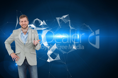 Composite image of stylish man smiling and gesturing