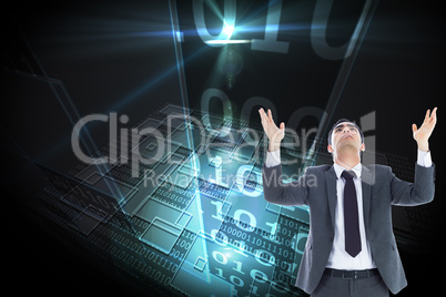 Composite image of unsmiling businessman with arms raised