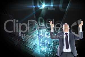 Composite image of unsmiling businessman with arms raised