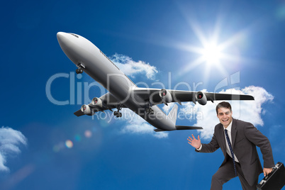 Composite image of cheerful businessman in a hury