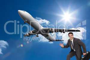 Composite image of cheerful businessman in a hury