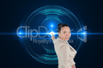 Composite image of smiling asian businesswoman pointing