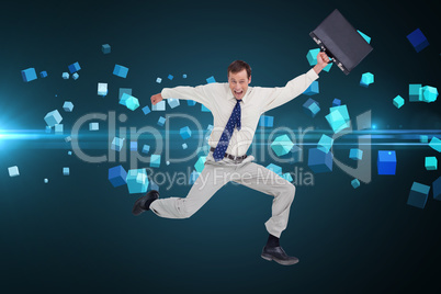 Composite image of cheerful jumping businessman with his suitcas