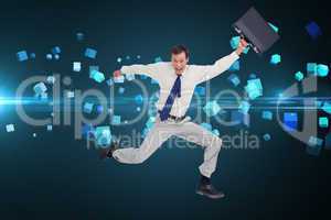 Composite image of cheerful jumping businessman with his suitcas