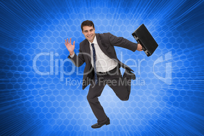 Composite image of cheerful businessman in a hury