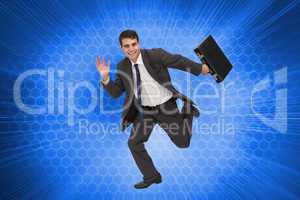 Composite image of cheerful businessman in a hury